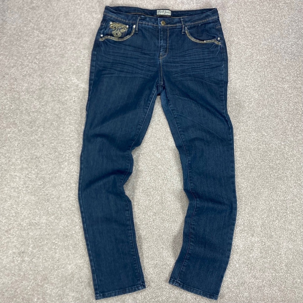 Earl Jean Straight Leg Stretch Jeans Women 12 Blue Embellished Pockets Y2K Denim
